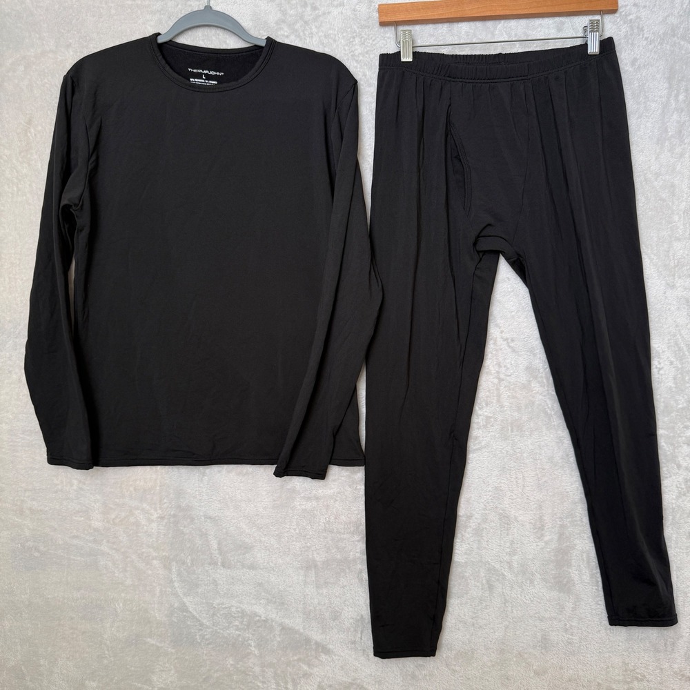 Thermajohn Mens Black Thermal 2 piece Set Fleece Lined Base Layer Large Travel